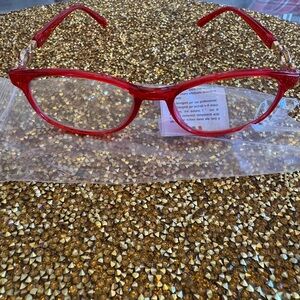 Bright Red NWT Women’s Red Cat-Eye Glasses with Subtle Gloss and gold. + 3.00
